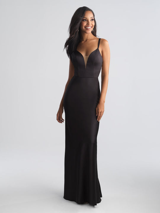 Madison James - 18-723 Deep V-neck Stretch Satin Sheath Dress In Black