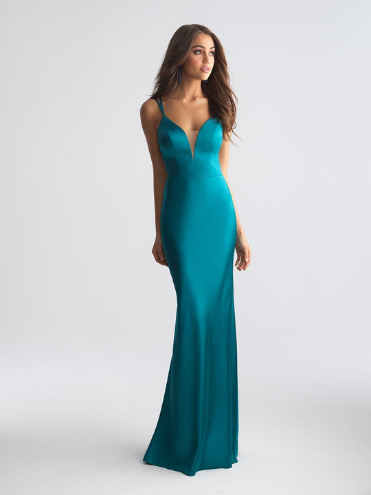 Madison James Deep V-neck Stretch Satin Sheath Dress 18-723 in Blue and Green