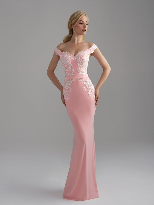 Madison James - 18-747 Off-Shoulder Embellished Sheath Gown In Pink and White