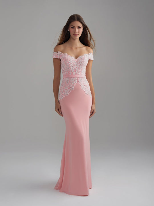 Madison James - 18-748 Off-Shoulder Embellished Jersey Gown In Pink and White
