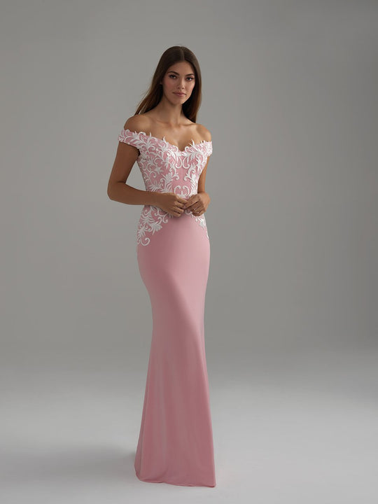 Madison James - 18-749 Embroidered Off-Shoulder Fitted Gown In Pink and White