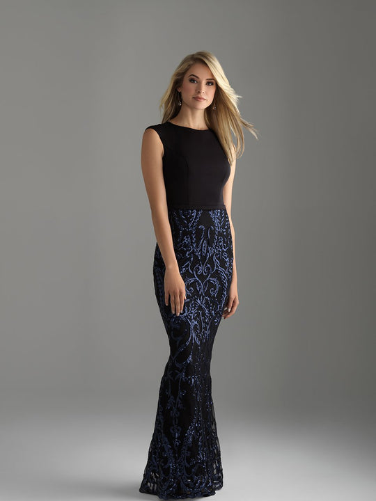 Madison James - 18-800M Cap Sleeves Jersey and Sequined Gown In Black