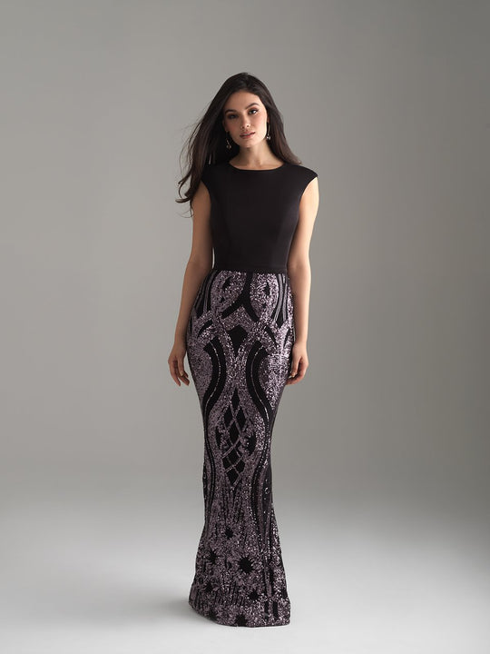 Madison James - 18-803M Jewel Neckline Sequined Sheath Gown In Black and Purple