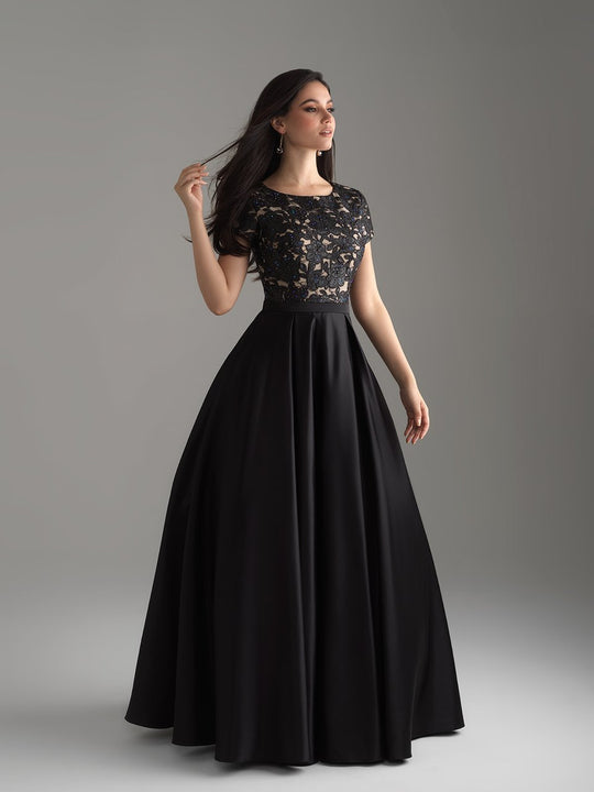 Madison James - 18-804M Beaded Lace Jewel Mikado Ballgown In Black