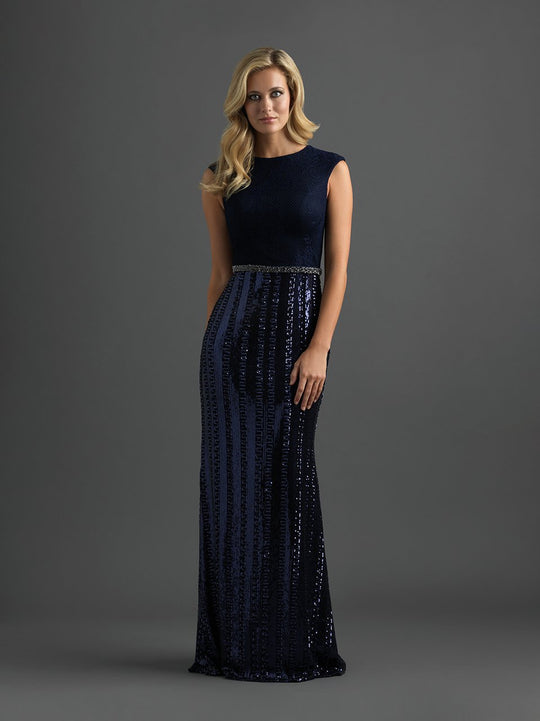 Madison James - 18-806M Lace and Sequined Jewel Satin Sheath Dress In Blue
