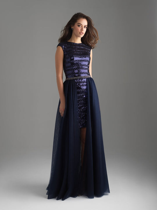 Madison James - 18-809M Sequined Bateau Dress with Overskirt In Blue
