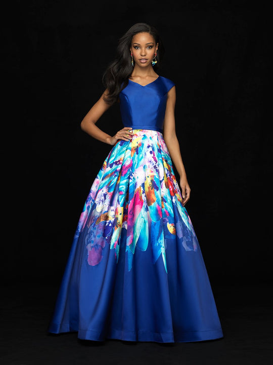 Madison James - 18-813M Cap Sleeves Floral Print Mikado Ballgown In Blue and Multi-Color