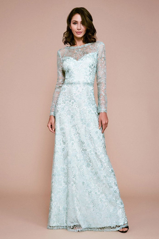 Tadashi Shoji - Volans Long Sleeve Sequin Gown In White and Blue