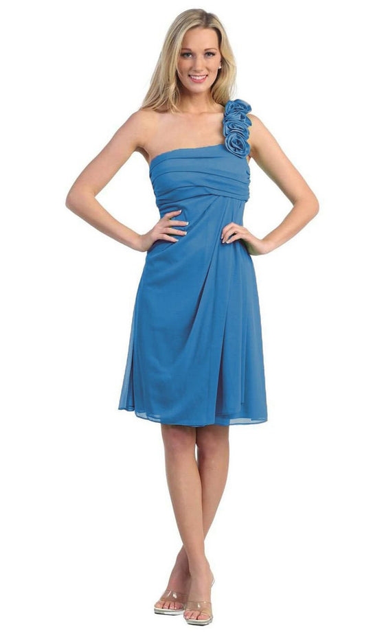 Eureka Fashion - 1801 One Shoulder  Rosette Strap Cocktail Dress In Blue