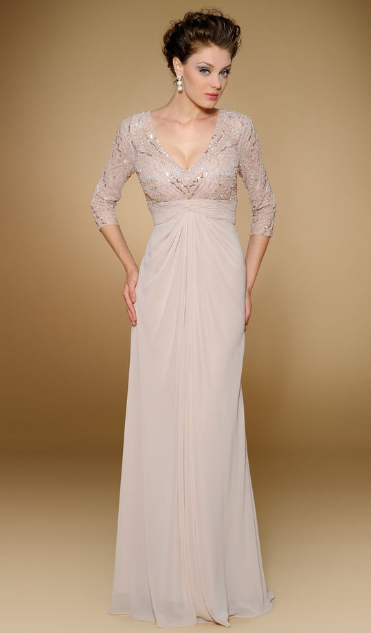 Rina Di Montella - RD1804 Beaded Quarter Sleeve Empire Chiffon Gown in Neutral