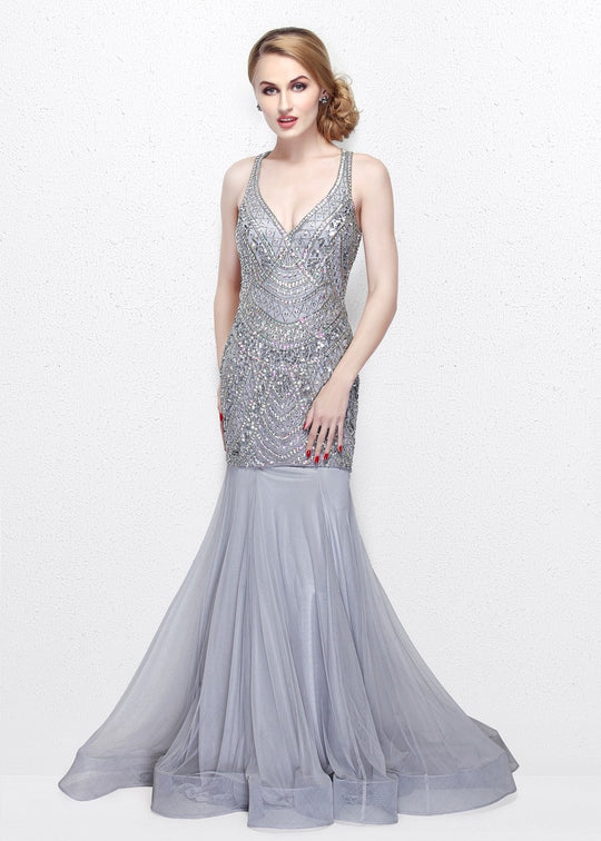 Primavera Couture - V-Neck Sequined Mermaid Gown 1806 in Gray
