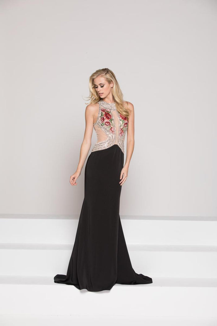 Colors Dress - 1810 Embellished Halter Neck Trumpet Dress in Black