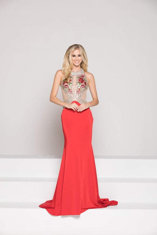 Colors Dress - 1810 Embellished Halter Neck Trumpet Dress in Red