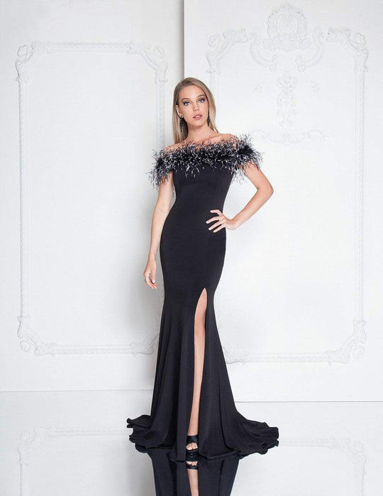 Terani Couture - 1811E6105X Feathered Off The Shoulder Evening Gown In Black