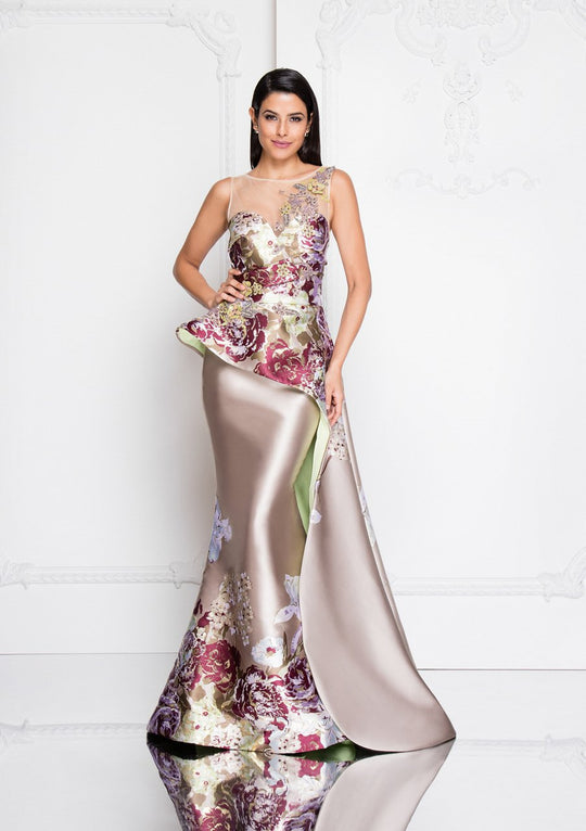 Terani Couture - 1811E6124 Multi-Color Illusion Bateau Mermaid Dress In Neutral and Multi-Color