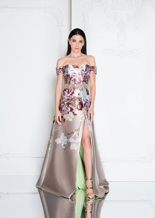 Terani Couture - 1811E6125 Multi-Colored Off-Shoulder A-line Dress In Neutral and Multi-Color
