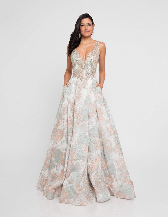 Terani Couture - 1811E6144X Plunge V Neck Floral Printed Gown In Floral