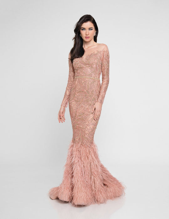 Terani Couture - 1811GL6406 Sheer Embellished Fringed Mermaid Dress In Pink and Gold