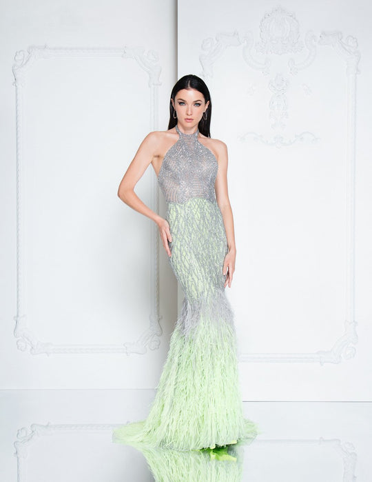 Terani Couture - 1811GL6407 Silver Embellished Halter Mermaid Dress In Silver and Green
