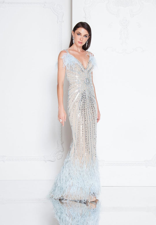 Terani Couture - 1811GL6426 Bedazzled V-neck Sheath Dress In Blue and Neutral