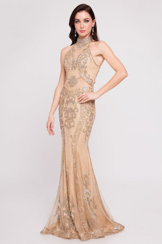 Terani Couture - 1811GL6433X Beaded Lace High Neckline Long Gown In Neutral and Gold