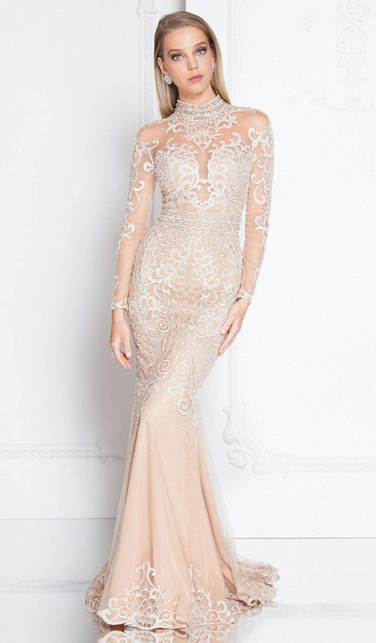 Terani Couture - 1811GL6451X Applique Long Sleeve High Trumpet Dress In White and Nude