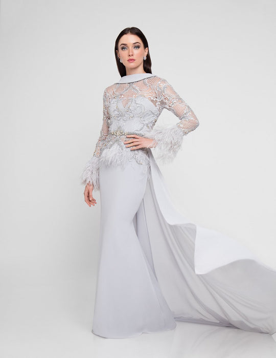 Terani Couture - 1811M6561 Beaded High Mermaid Dress In Gray and Neutral