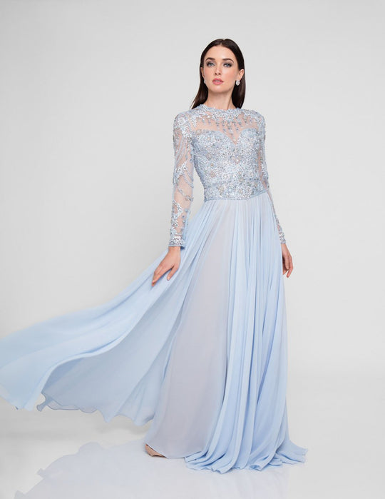 Terani Couture - 1811M6563 Embellished Jewel A-line Dress In Blue and Neutral