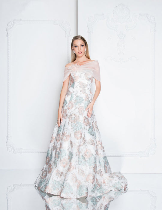 Terani Couture - 1811M6574 Strapless Floral Gown with Shawl In Pink and Green