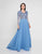 Terani Couture - 1811M6579 Long Sleeve Queen Anne Lace A-Line Gown In Blue and Neutral