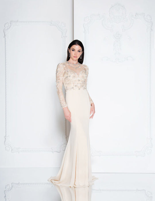 Terani Couture - 1811M6582 Illusion Jewel Trumpet Dress In Neutral