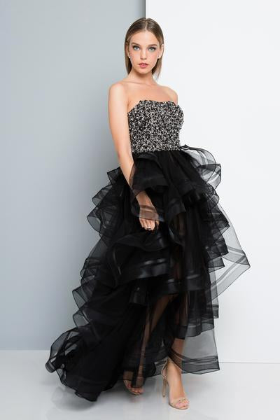 Terani Couture - 1811P5820 Bedazzled Strapless Tulle High Low Dress In Black and Nude