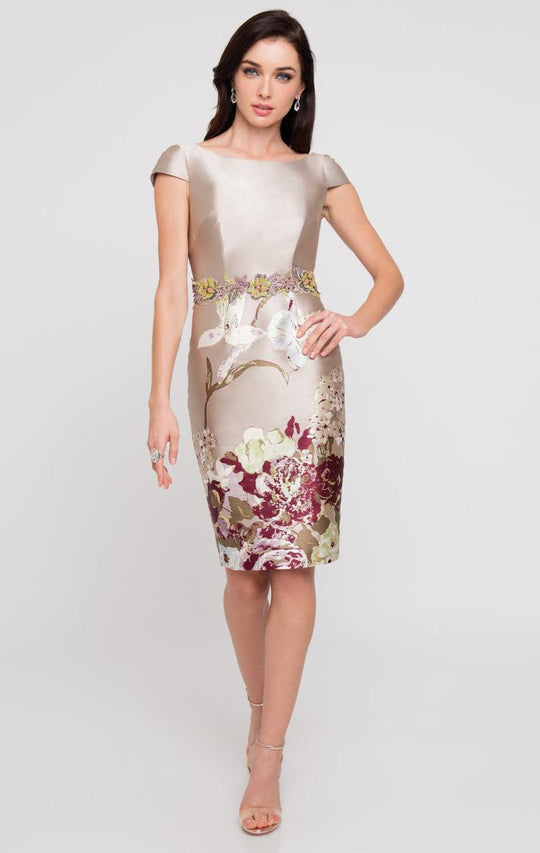 Terani Couture - 1811C6023 Floral Bateau Cap Sleeves Dress In Neutral and Multi-Color