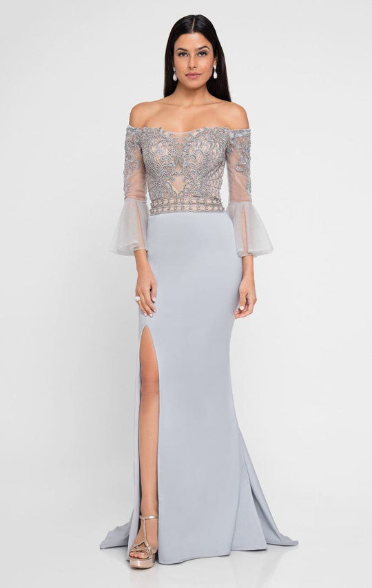 Terani Couture - 1811E6134 Bead Embellished Off Shoulder Slit Dress In Silver