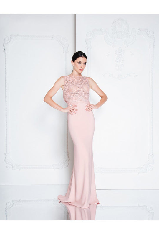 Terani Couture - 1811E6136 Lace Illusion Bateau Sheath Dress In Pink and Neutral