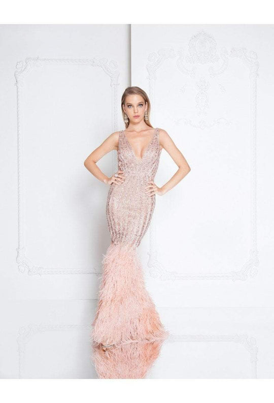 Terani Couture - 1811GL6414 Embellished Deep V-neck Mermaid Dress In Pink and Neutral