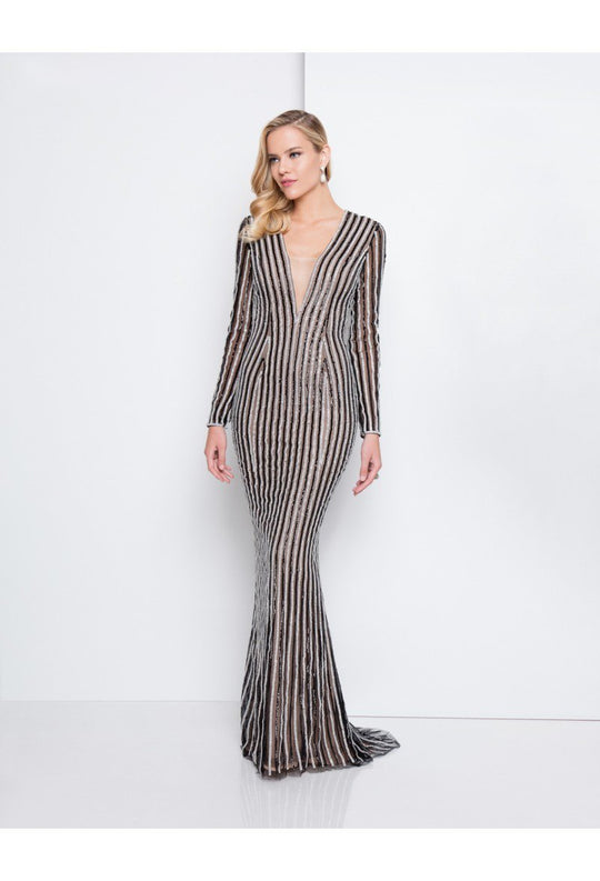 Terani Couture - 1811GL6436 Embellished Deep V-neck Sheath Dress In Black and Neutral