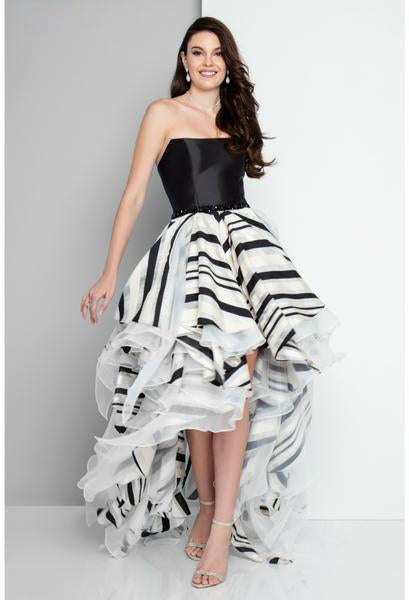 Terani Couture - 1811P5235 Strapless Striped High Low A-line Dress In Black and White