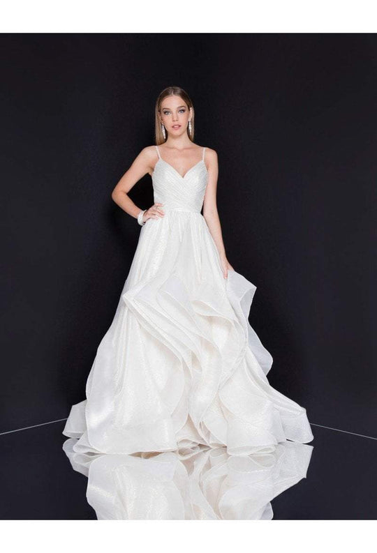 Terani Couture - 1811P5817 Pleated V-neck Ballgown With Train In White and Gold