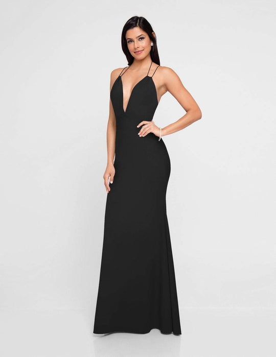 Terani Couture - 1812B5423 Plunging V-Neck Low Cut Sheath Gown In Black