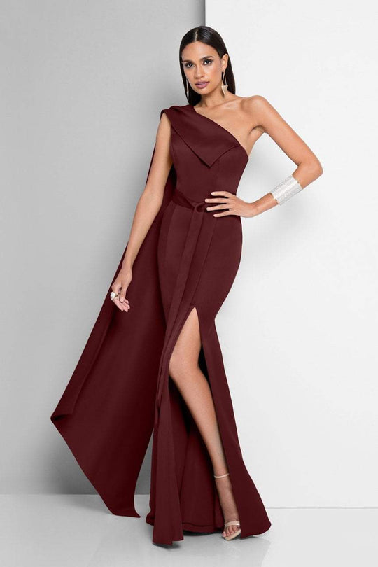 Terani Couture Cascading Paneled Asymmetrical Long Gown in Red