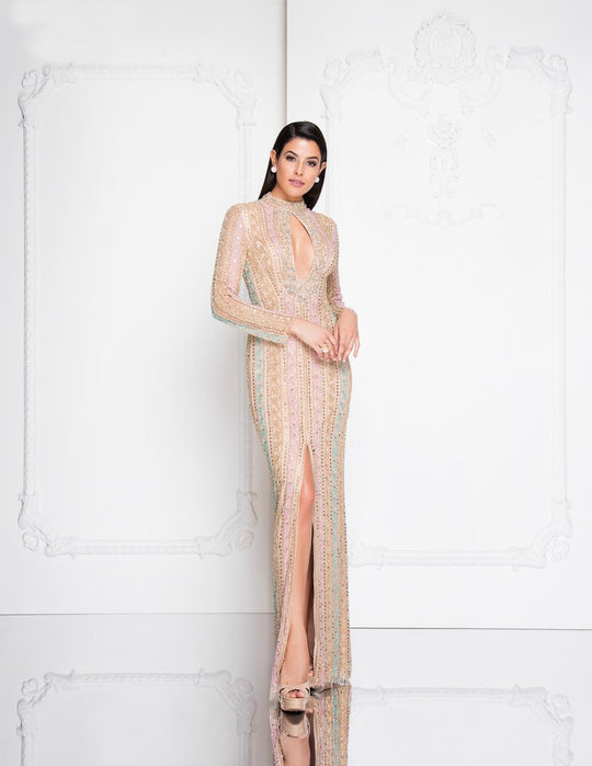 Terani Couture - 1812GL6495X Long Sleeves High Neck Gown with Slit In Multi-Color and Neutral
