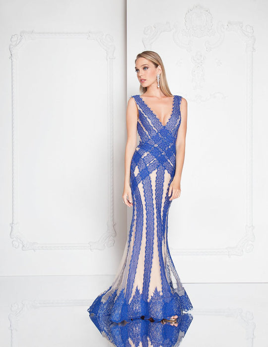 Terani Couture - 1812GL6510 Deep V-Neck Lace Fitted Gown In Neutral and Blue