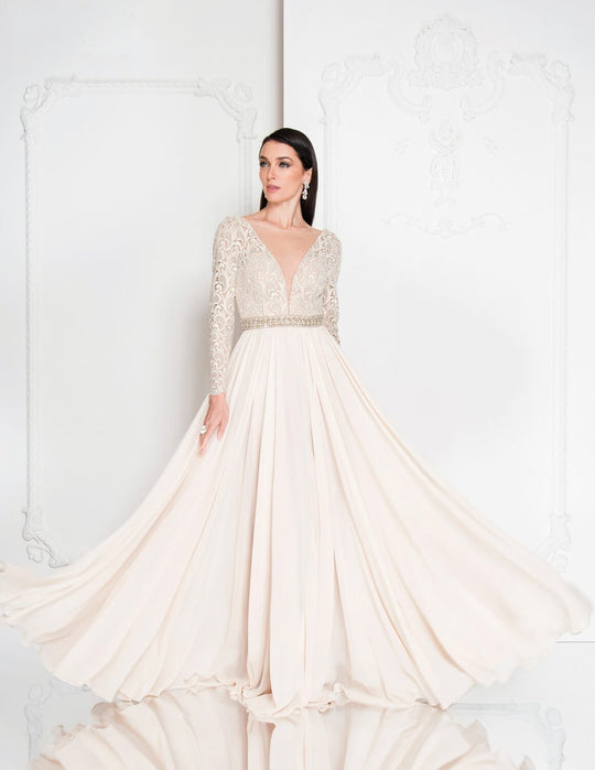 Terani Couture - 1812M6650 Lace Long Sleeved A-line Gown In Neutral
