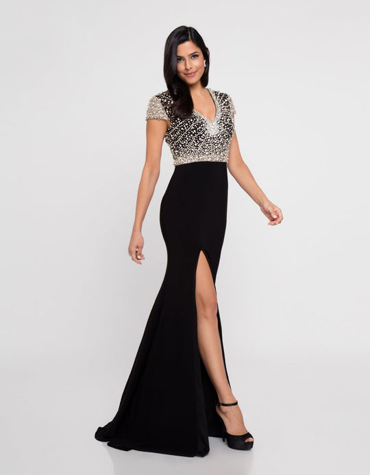 Terani Couture - 1812M6655 Cap Sleeve Crystal Ornate High Slit Gown In Black