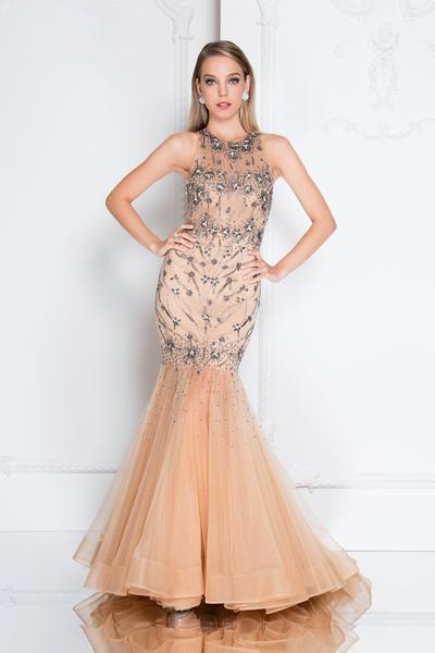 Terani Couture - 1812P5593 Embellished Halter Tulle Mermaid Dress In Nude