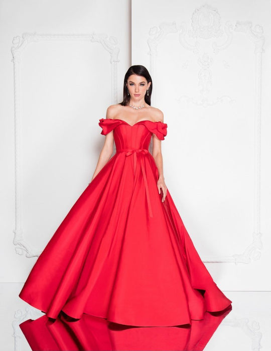 Terani Couture - 1812E6254 Drape Off-Shoulder Ballgown In Red