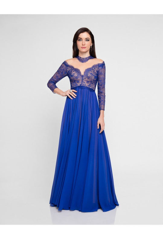 Terani Couture - 1812E6264 Lace High Neck A-line Dress In Blue