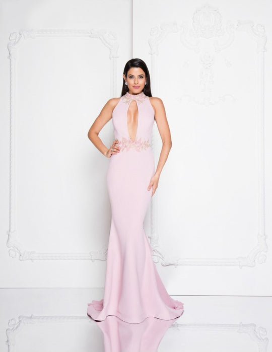 Terani Couture - 1812E6290 High Neck Ruffled Back Gown In Pink