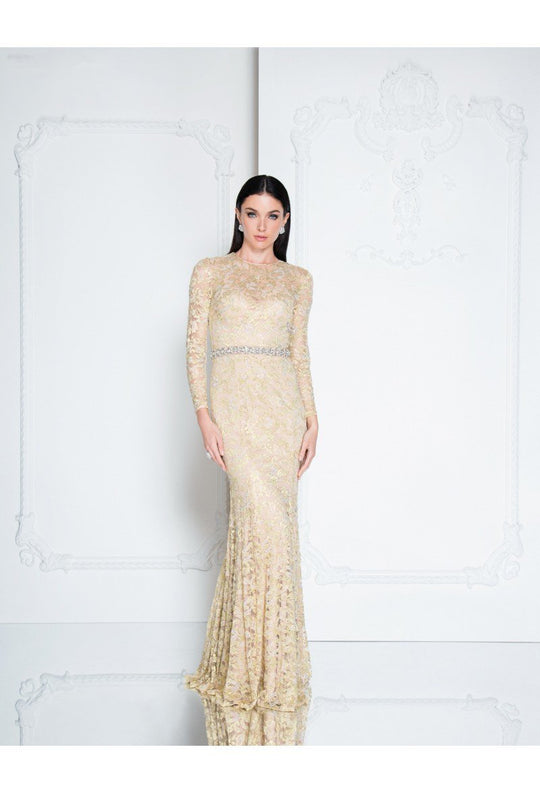 Terani Couture - 1812E6306 Long Sleeves Lace Mermaid Gown In Neutral